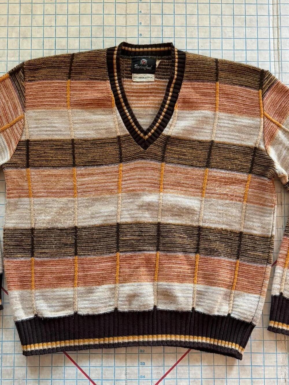 Men's Vintage Space Dye Knit V-Neck Virgin Acrylic Sweater XL 1960’s 1970’s